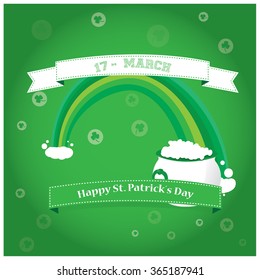 Colored background with text, a rainbow and a money pot for patrick's day