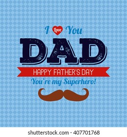 Colored background with text, a ribbon and a mustache icon