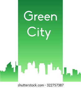Colored background with text and a silhouette of a skyline
