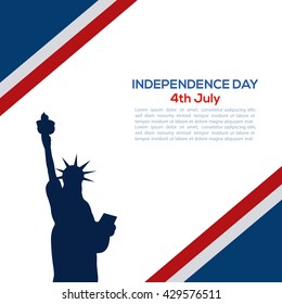 Colored background with text and a silhouette of the statue of liberty for independence day celebrations