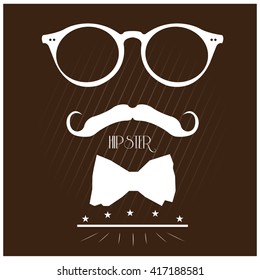 Colored background with text and silhouettes of a bowtie, a mustache and glasses