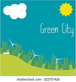 Colored background with text and a skyline