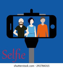 Colored background with text and a smartphone. Selfie. Vector illustration