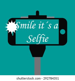 Colored background with text and a smartphone. Selfie. Vector illustration