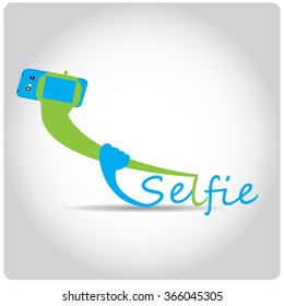 Colored background with text and a smartphone. Selfie