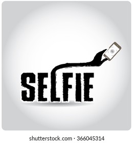 Colored background with text and a smartphone. Selfie