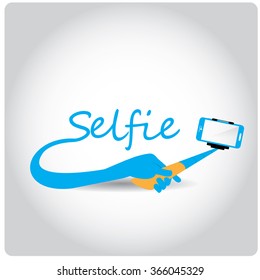 Colored background with text and a smartphone. Selfie