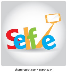 Colored background with text and a smartphone. Selfie