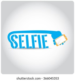 Colored background with text and a smartphone. Selfie