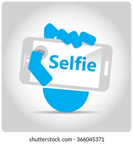 Colored background with text and a smartphone. Selfie