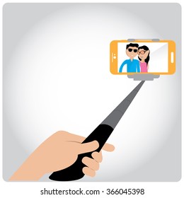 Colored background with text and a smartphone. Selfie