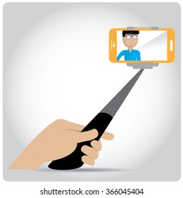 Colored background with text and a smartphone. Selfie