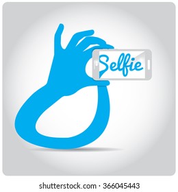 Colored background with text and a smartphone. Selfie