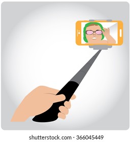 Colored background with text and a smartphone. Selfie