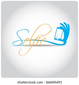 Colored background with text and a smartphone. Selfie