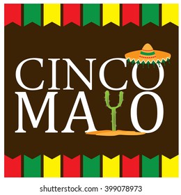 Colored background with text, a traditional hat and a cactus