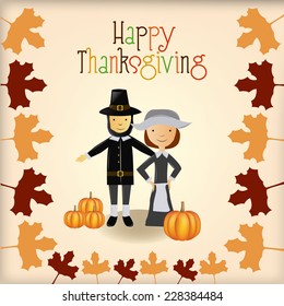 a colored background with a traditional couple, pumpkins and leaves for thanksgiving