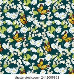 Colored background with wildflowers.Vector seamless pattern with daisies and bright butterflies on a colored background.