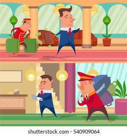 Colored backgrounds set of picture porter, hotel, hall, guest, reception, laundry, foyer, businessman.