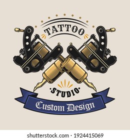 Colored badge with crossed tattoo equipment vector illustration. Vintage elements with needle machines. Tattoo studio and custom design concept can be used for retro template