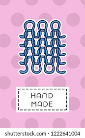 Colored badge with knitted square. "Hand made" sign on simple background. Simple knit / crochet emblem design. Doodle hand draw art. Wool handmade shop logo or tag for masters. 