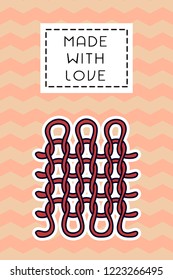 Colored badge with knitted square. "Made with love" sign on simple background. Simple knit / crochet emblem design. Doodle hand draw art. Wool handmade shop logo or tag for masters.
