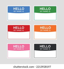 Colored badge name tag isolated. Hello my name is tag. Blank template tag my name is. Vector stock