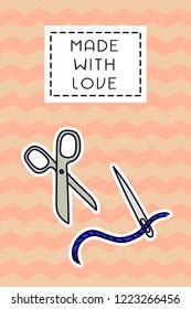 Colored badge with scissors and thread with a needle. "Made with love" sign on simple background. Simple knit / crochet emblem design. Doodle hand draw art. Wool handmade shop logo or tag for masters.