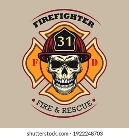 Colored badge with skull in protective hardhat vector illustration. Vintage colorful banner for fire dept. Emergency and firefighting concept can be used for retro template