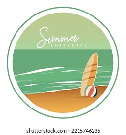 Colored badge with a surfboard beach ball and a beach scenary view Vector