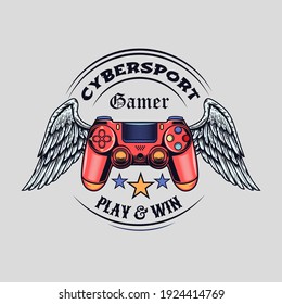 Colored badge with winged gamepad vector illustration. Round colorful banner with wings, joystick and text. Cybersport and gaming zone concept can be used for retro template