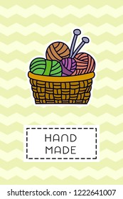 Colored badge with wool yarns and knitting needles. "Hand made" sign on simple background. Simple knit / crochet emblem design. Doodle hand draw art. Wool handmade shop logo or tag for masters