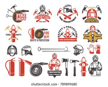 Colored badges for firefighter department. Symbols set of emergency protection isolated on white. Fire department and fireman, firefighter and extinguisher, vector illustration