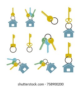 colored badges in the form of keys and keychain set isolated