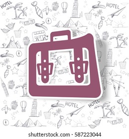 Colored bags with a curved edge. Vector. In the background line drawing. On a white background.     
