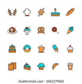 Colored bakery shop linear icons set. vector illustration. With cupcake, donut, bread, brezel, ice cream and other products in thin line style.