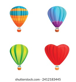 Colored balloon icons set cartoon vector. Hot air balloon with basket. Tourist attraction