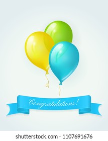 Colored balloons and blue banner with text Congratulations. Vector greeting card