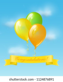 Colored balloons and blue banner with text Congratulations on the background of blue sky. Vector greeting card