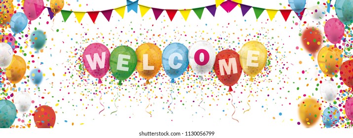 Colored balloons with buntings and the text Welcome. Eps 10 vector file.