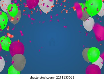 Colored balloons and confetti on blue background. Vector illustration.