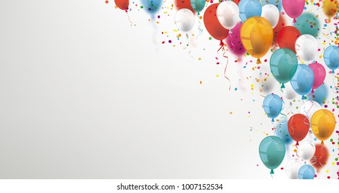 Colored balloons and confetti on the gray background. Eps 10 vector file.