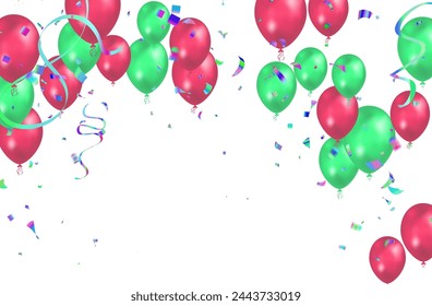 Colored balloons and confetti on white background. Vector illustration.