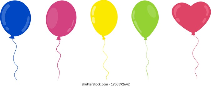 Colored balloons in flat style set vector illustration. Cartoon isolated collection