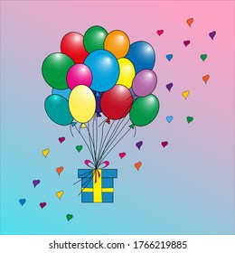 Colored balloons fly with a gift. Vector illustration for decoration, postcard, banner, label, etc. in a romantic time. Declaration of love, expression of feelings, congratulations on holidays.