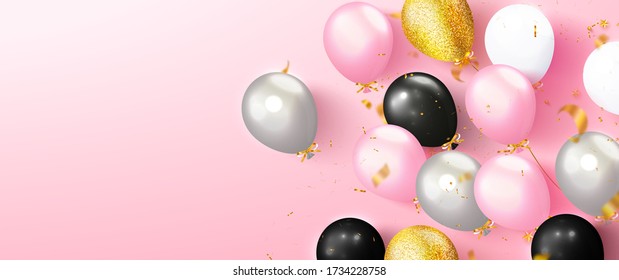 Colored balloons and flying golden serpentine on pink background.Template design for postcard, flyer,banner, invitation.Vector illustration