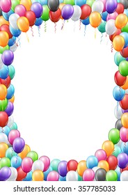 Colored balloons  frame A4 proportions page template for  birthday or party invitation. Vector background  