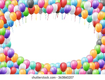 Colored balloons  frame A4 proportions page template for  birthday or party invitation. Vector background  