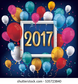 Colored balloons with frame and golden numbers 2017 on the blue background. Eps 10 vector file.