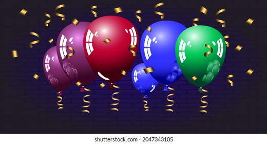 Colored balloons and golden streamer